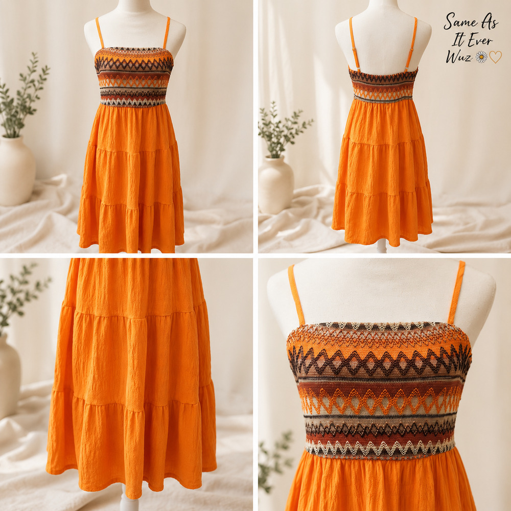 Sun Dress Tangerine Tiered Mini XL Boho Festival Cottagecore Western Beachcore